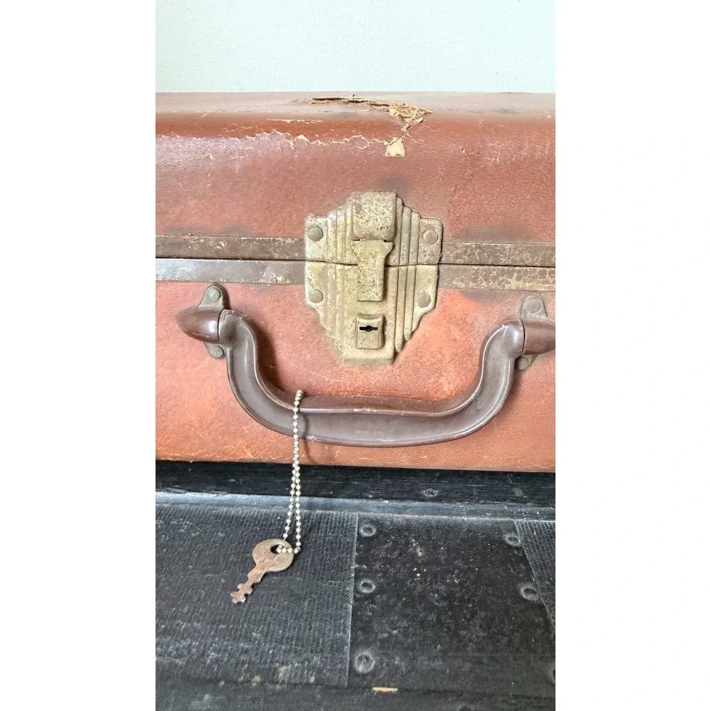 Vintage Burnt Orange Hard Shell Suitcase with Key Metal Trim